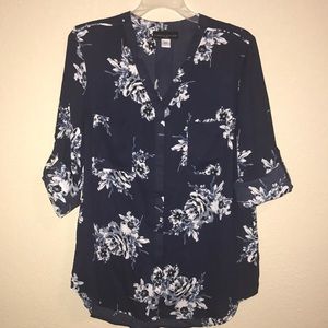 Navy Blue Floral Rolled Sleeve Shirt Sz L - NWOT